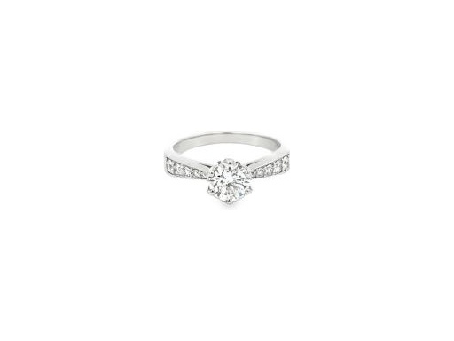 18K White Gold Ring with GIA-Certified Natural Round Center Diamond and Pavé-Set Natural Diamonds on Band